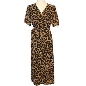 Bardot Leopard Print Wrap Midi Dress Sz 8 M Brown Black Animal Glam Mob Wife